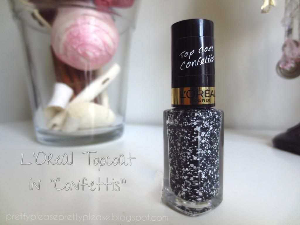 L'Oreal Nail Polish Topcoat in Confettis.  Matte black and white particles for nails by Pretty Please Blog