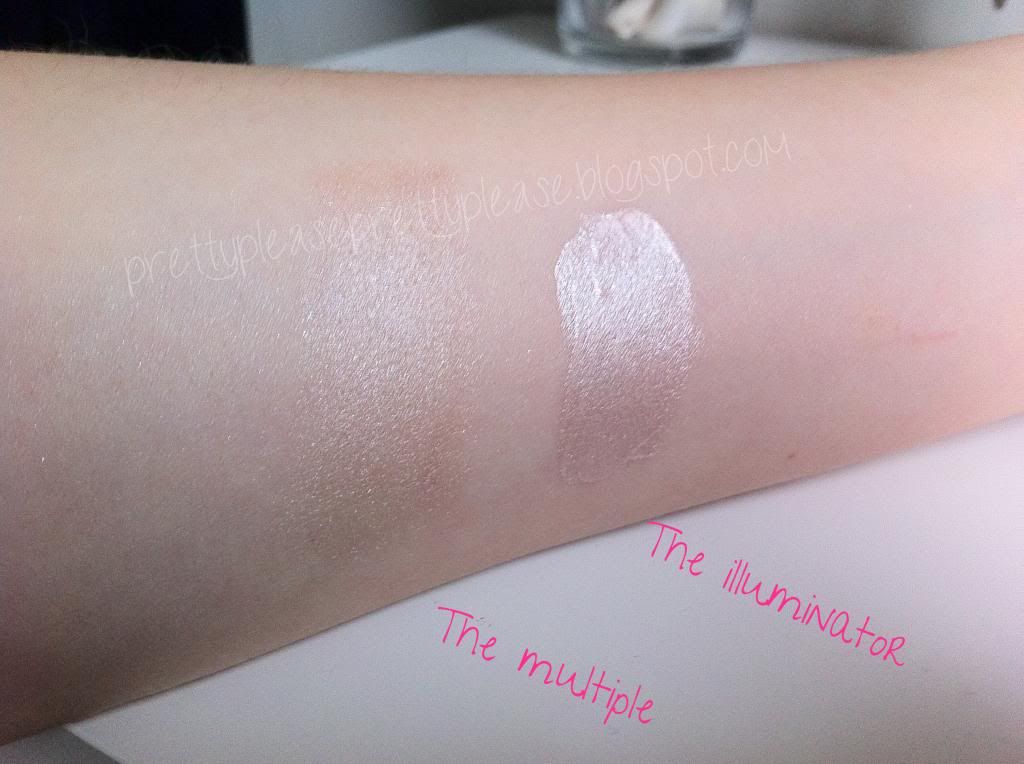 Swatches of both Nars Illuminator and Multiple in Copacabana