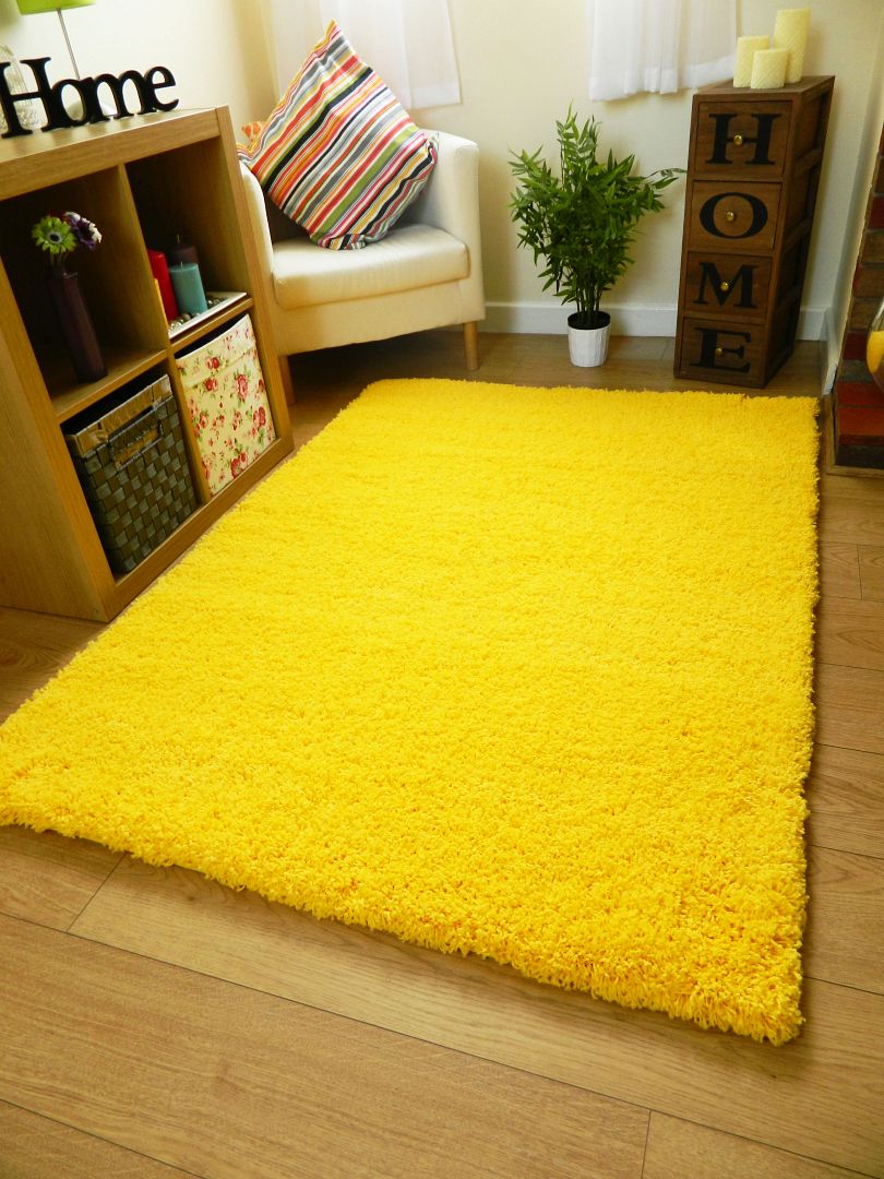 NEW BRIGHT NON SHED THICK YELLOW SHAGGY RUG LARGE SMALL RUNNERS MATS UK ...